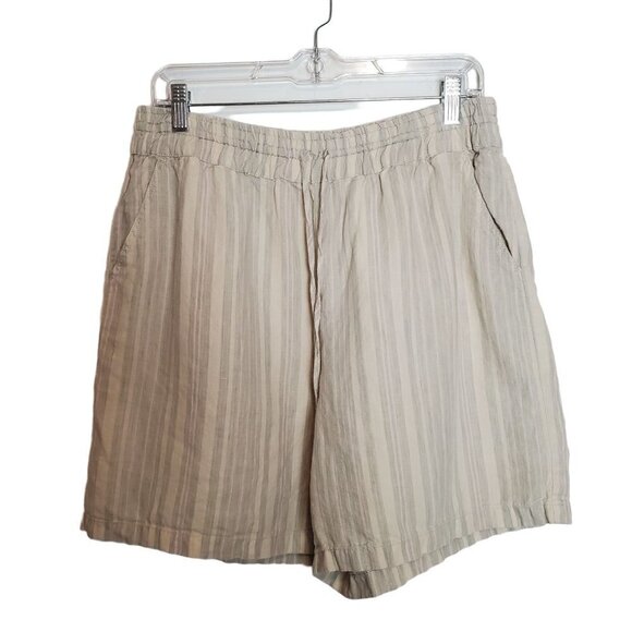 By Anthropologie Striped Linen Shorts Medium Elastic Waist Pull On Neutral - Picture 1 of 10